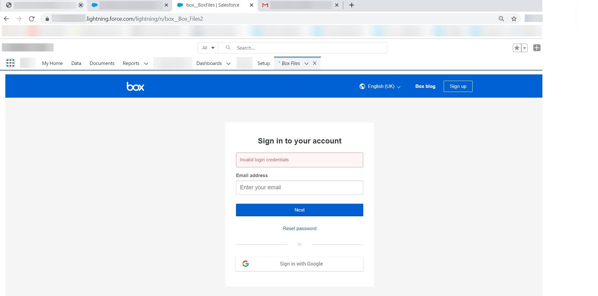 Box for Salesforce "Invalid Login Credentials" Box Support