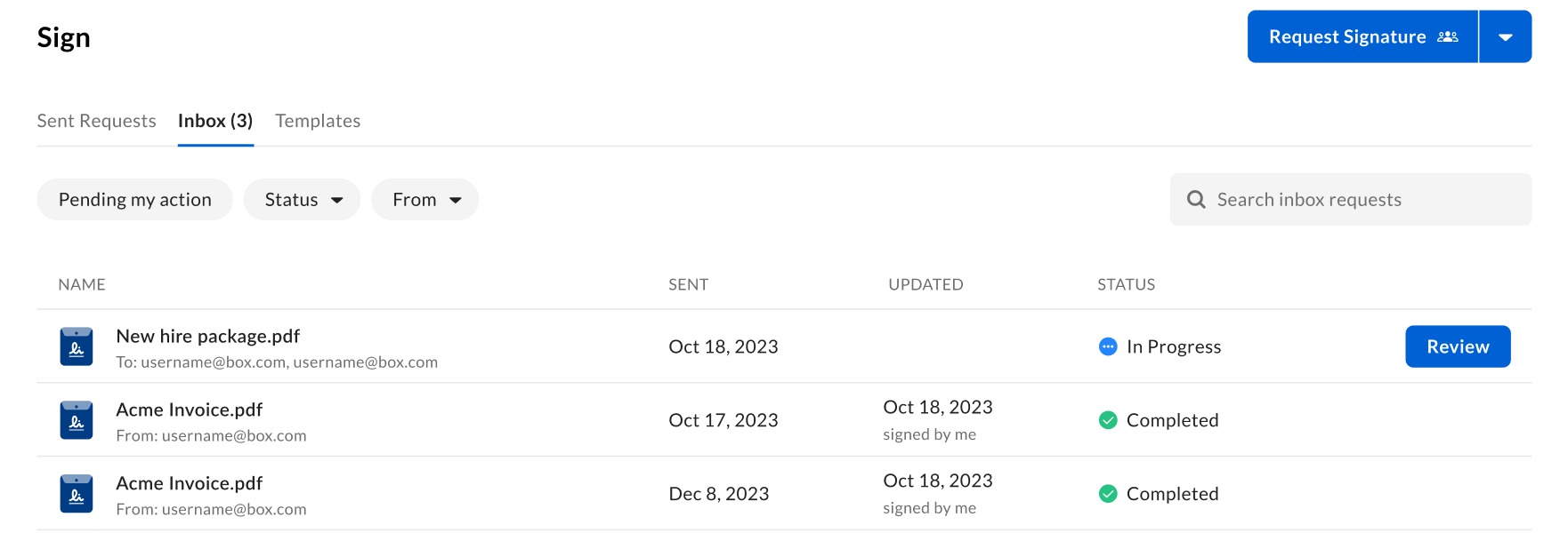 Viewing sign request – Box Support