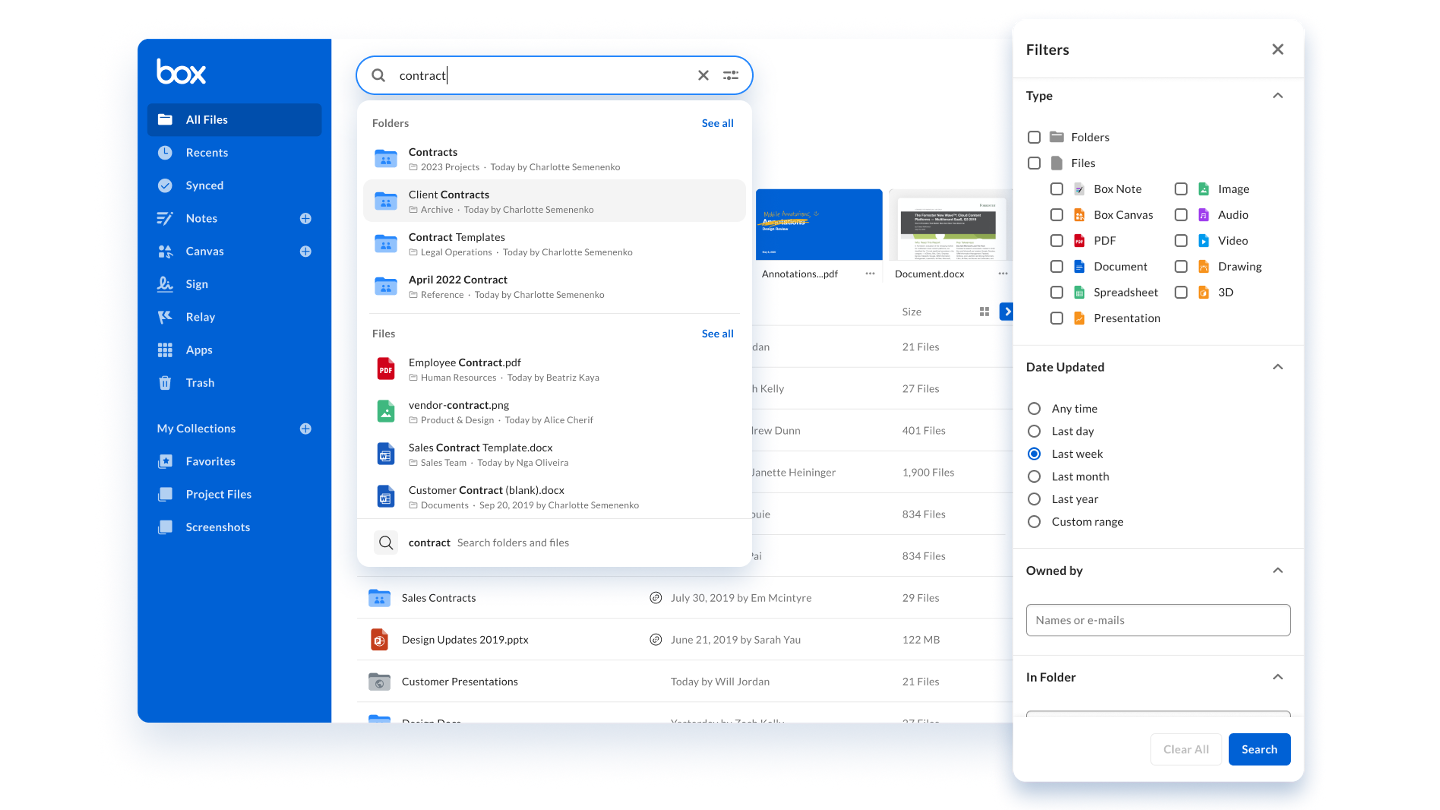 The Box All Files page showing a search for 'contract' with results grouped by Folders and Files. A new 'filters' dialog panel includes all possible filter options.