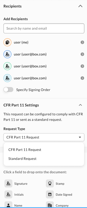 CFR Part 11 Settings Request Type