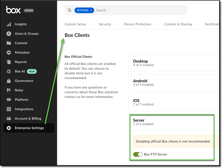 Box FTPサーバーの有効化