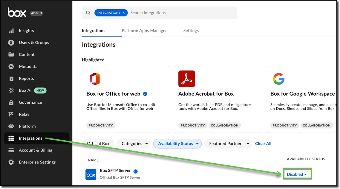 Box SFTPサーバーの有効化